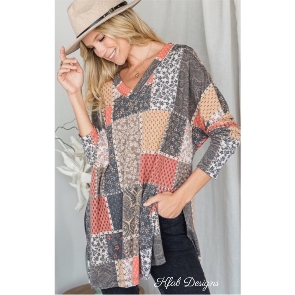 NEW! V Neck Patchwork Oversized Autumn Colors Side Slit Detail Top!